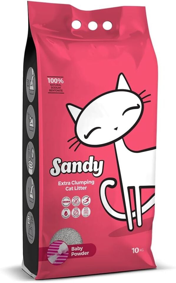 Sandy Sodyum Bentonit Ultra Topaklaşan Bebek Pudralı Doğal Kedi Kumu 10 Kg