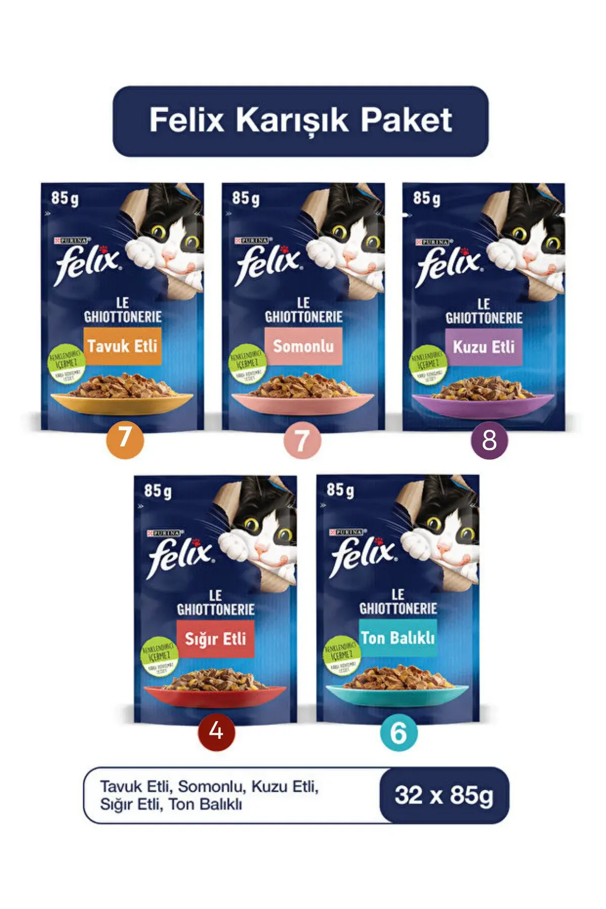 Felix Yenilenmiş Paketi Ile 32 Adet Karışık Yaş Kedi Maması
