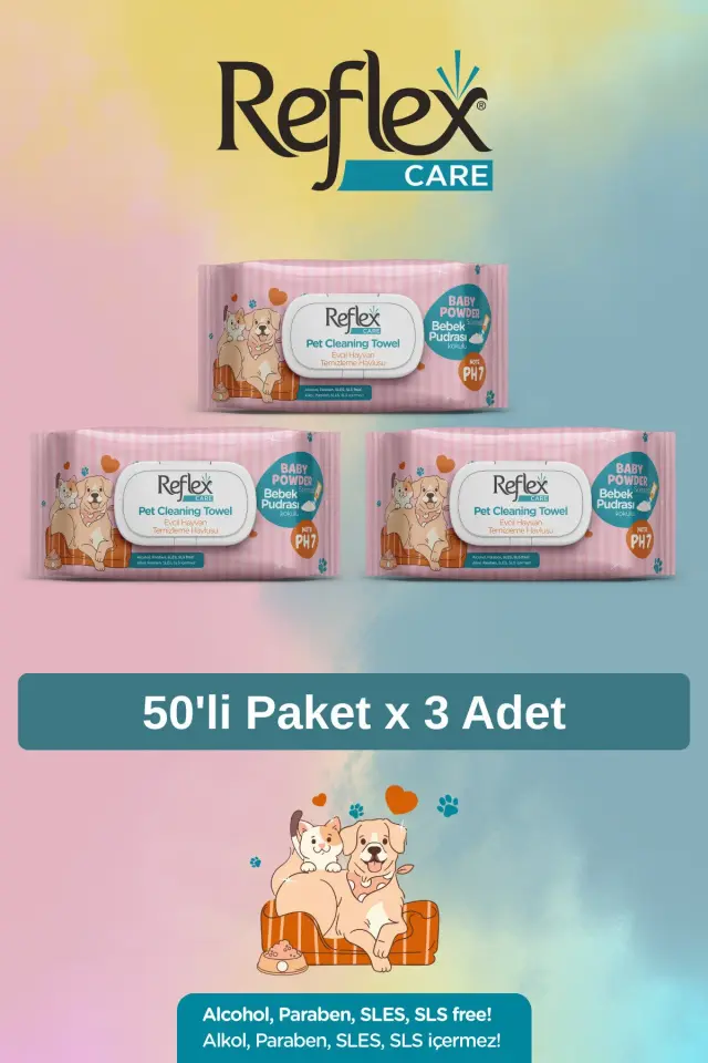 Reflex Care Evcil Hayvanlar İçin Çok Amaçlı Hijyenik Temizleme Mendili 50'li x 3 Adet