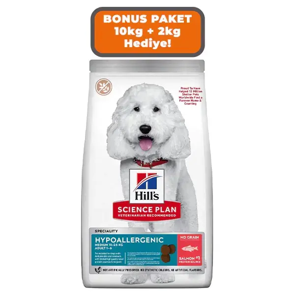 Hill's SCIENCE PLAN Hipoalerjenik Somonlu Orta Irk Tahılsız Yetişkin Köpek Maması 10kg + 2kg HEDİYE!