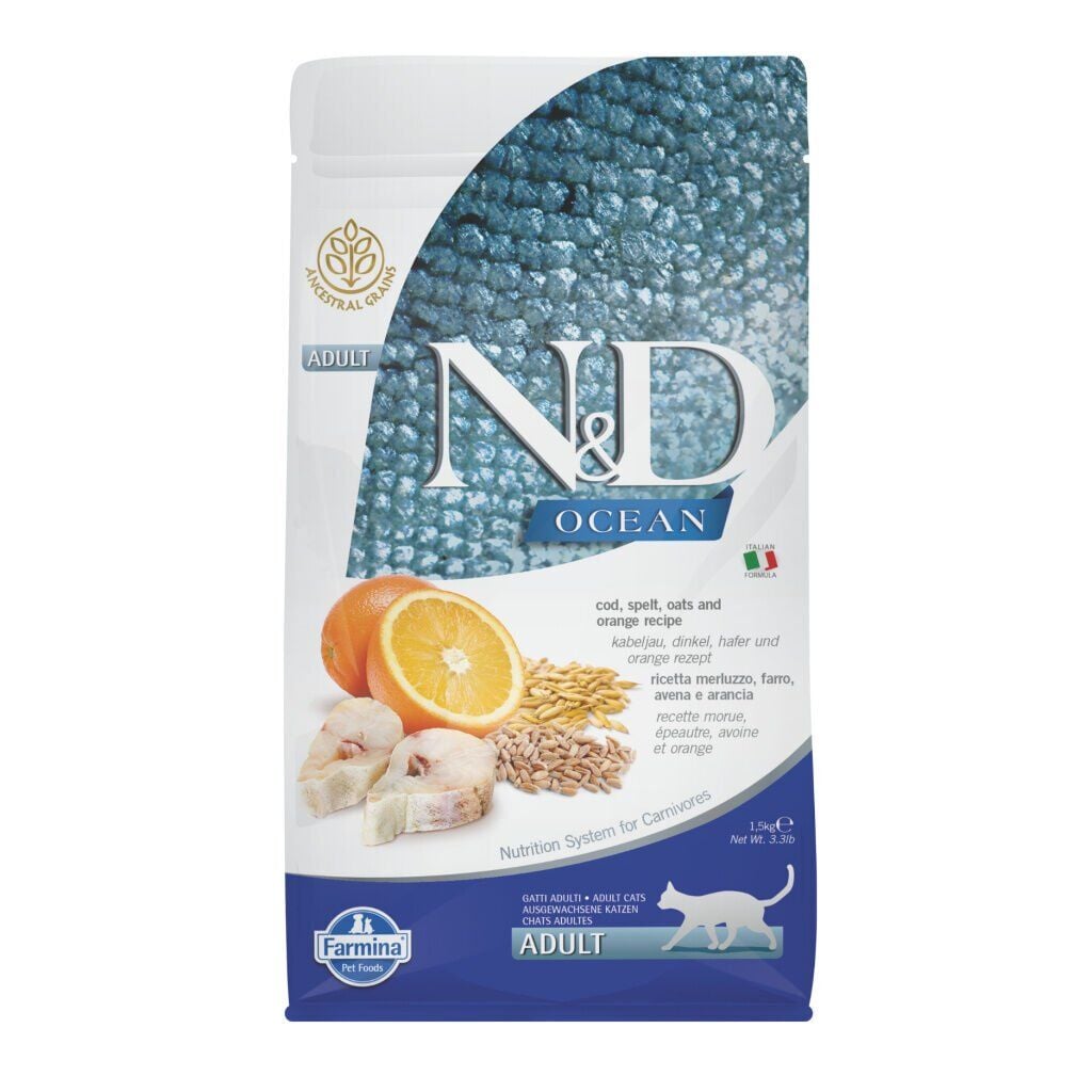 N&D Ocean Morina Balıklı ve Portakallı Ata Tahıllı Yetişkin Kedi Maması 1,5kg