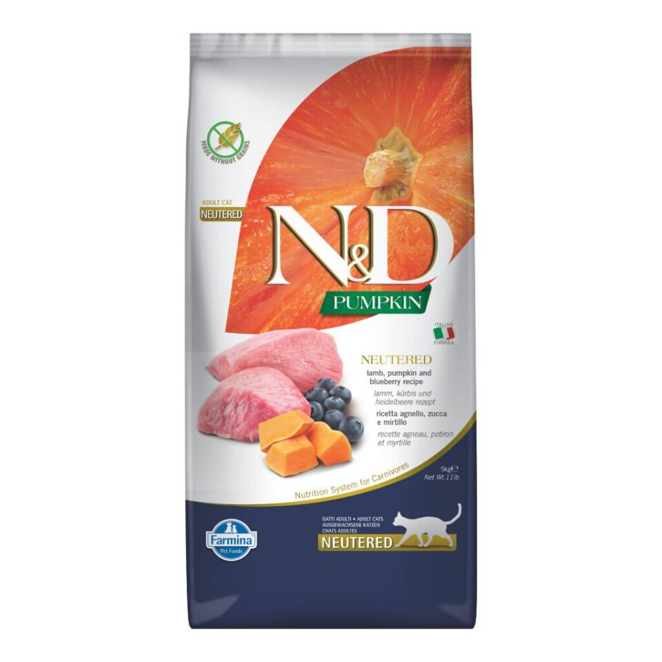 N&D Pumpkin Kuzu Etli Bal Kabaklı ve Yaban Mersinli Tahılsız Kısırlaştırılmış Kedi Maması 5kg